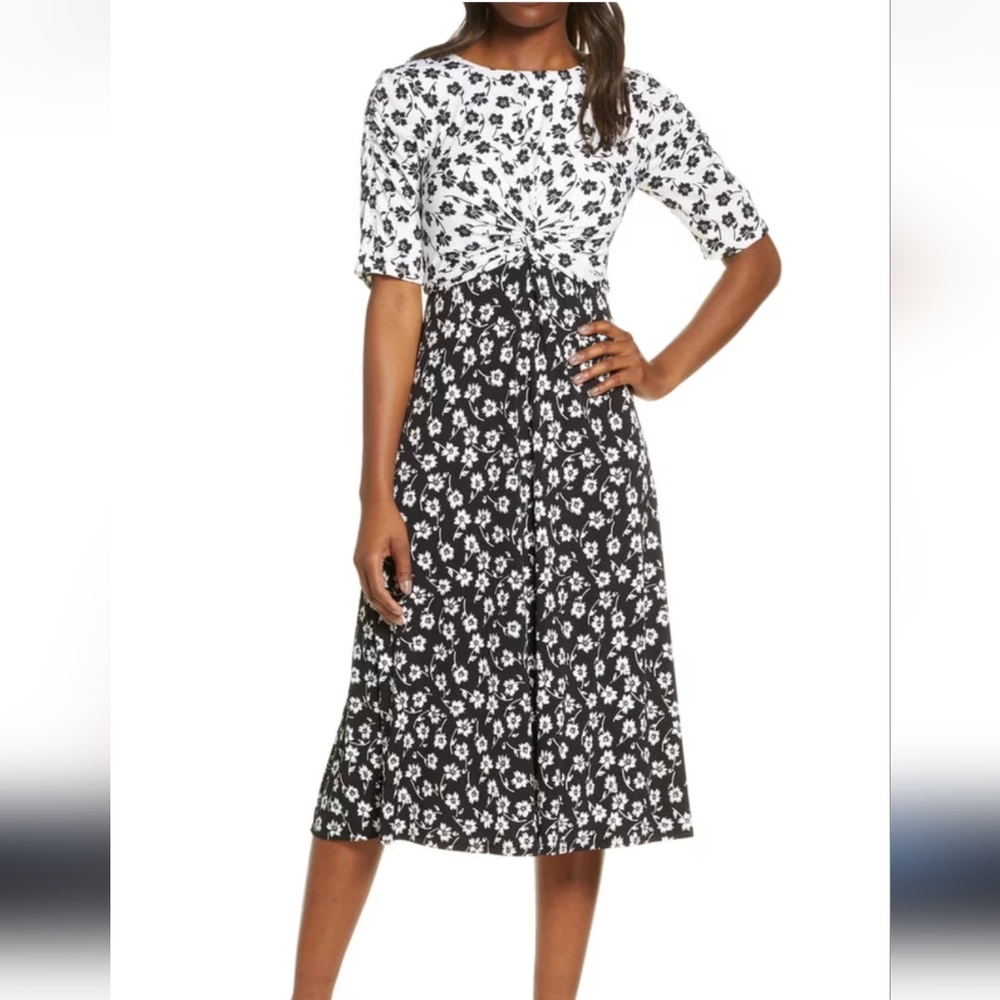 Vince Camuto Black & White Floral Reverse Print Midi Dress Size 6